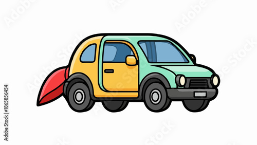 A whimsical, two-toned cartoon car with a red fin-like tail and blue windows