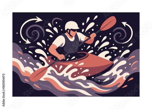 Kayaker Defies Rapids. Whitewater kayaking. Paddler battling roaring rapids; splashes spiraling upward. Twisting arrows showing turbulent flow. Modern flat