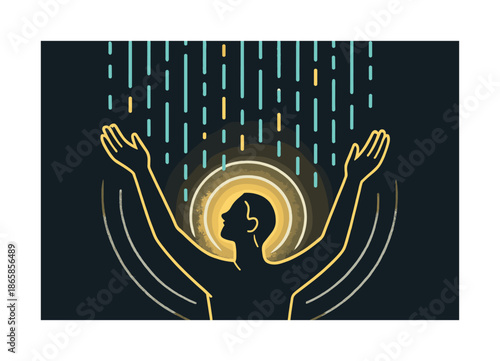 Embrace the Light. Shower of grace. Light particles rain in gentle streams; a figure lifts arms to receive the calm glow. Circling patterns echo serenity.