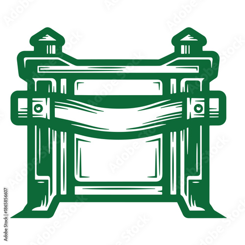 Green gate with a banner across the front  illustration of an entrance with a sign