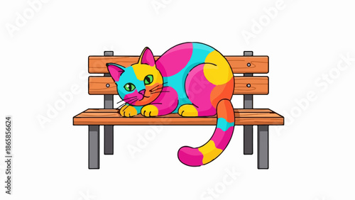 A whimsical, multi-colored cat rests on a simple wooden park bench