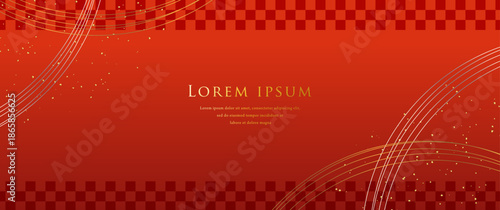 Japanese style red background with gold lines and checkered pattern, new year celebration banner