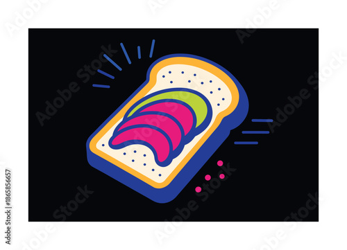 Avocado Toast Delight. Toasted bliss. A glowing slice of bread meets vibrant avocado; motion lines hint at a satisfying bite. Minimal dots add crispness.