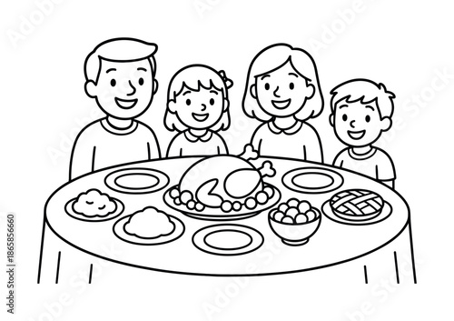 Family Celebration Coloring Page. Celebration meal children?s coloring book illustration, outlined drawing, a happy family sitting at a table with round plates
