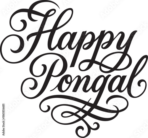 Festive Happy Pongal greeting design with elegant hand lettering, sugarcane illustration, and a traditional Pongal pot symbolizing South Indian harvest celebration.