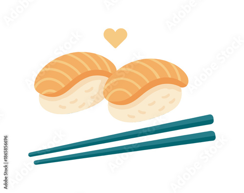 Minimal Nigiri Delight. Minimal nigiri set. Simple salmon and rice pieces with soft shadow curves; chopsticks aligned precisely. A tiny heart icon hovering
