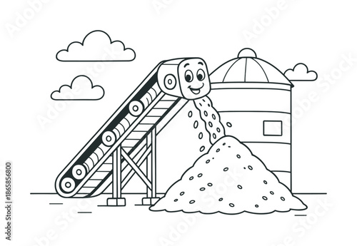 Conveyor Belt Coloring. Conveyor system in silo children?s coloring book illustration, outlined drawing, friendly conveyor belt inside moving grain to a pile,