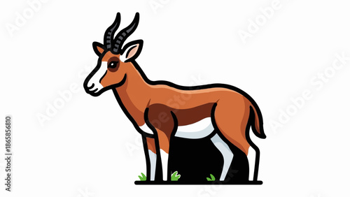 Cartoon antelope with striped horns and brown, white markings stands on green grass