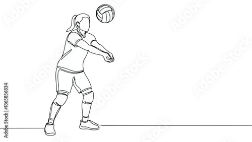 Continuous Line Drawing of a Female Volleyball Player in Action During a Match
