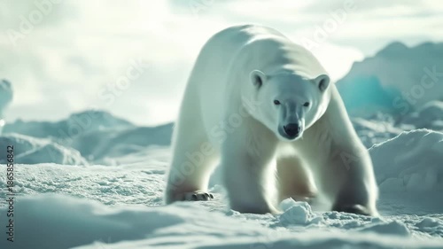 A powerful polar bear strides across the arctic landscape, embodying the wildness of the frozen north. Its presence is a symbol of the fragile environment.