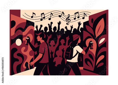 Street Art Celebration. Street art festival. Artists spraying vibrant shapes onto large panels; music notes swirling above. Energetic crowd silhouettes behind.