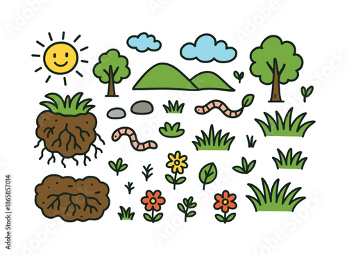Colorful Nature Doodle. Land. Colorful Hand-drawn doodle Children illustration Land soil clumps, grass patches, stones, trees, hills, flowers, roots, worms,