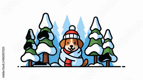 Adorable dog bundled in scarf and hat among snowy pine trees