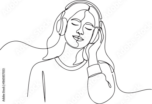 Minimalist continuous line art illustration of a serene young woman wearing headphones, eyes closed, deeply engrossed in music and finding peace