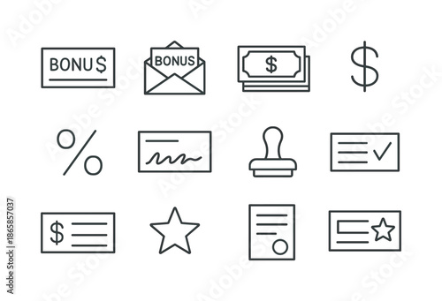 Bonus Check Icons. Bonus Check. Line icon set of Bonus Check: bonus check, envelope, money stack, dollar symbol, percentage sign, check signature line, stamp