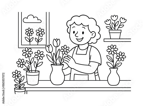 Happy Florist Coloring Page. Flower shop owner behind counter children?s coloring book illustration, outlined drawing, happy florist arranging simple cartoon