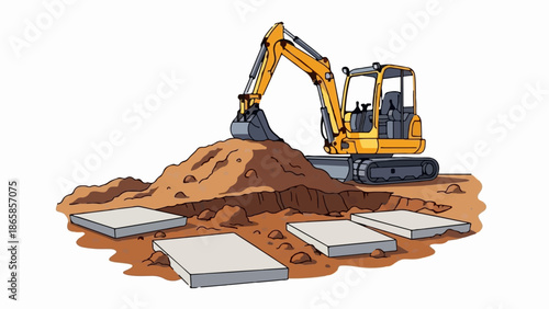 A yellow excavator digs dirt next to concrete slabs on a construction site