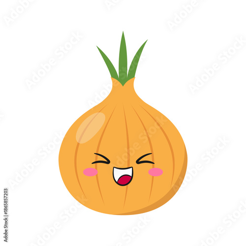Cartoon yellow onion, fun and cute vegetable, smiling character, kawaii style, icon vector illustration.