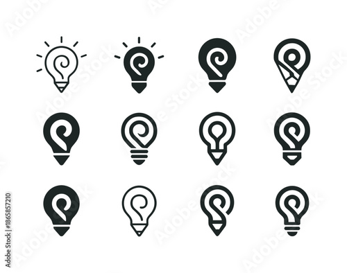 Creative Logo Variations. Creative agency. Icon set. Set Logo of Creative agency: pencil spiral and light icon. harmonious logo variations of the