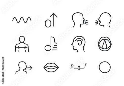 Singing Techniques Icons. Singing techniques. Line icon set of Singing techniques: vibrato wave, falsetto arrow, chest voice icon, head voice icon, breath