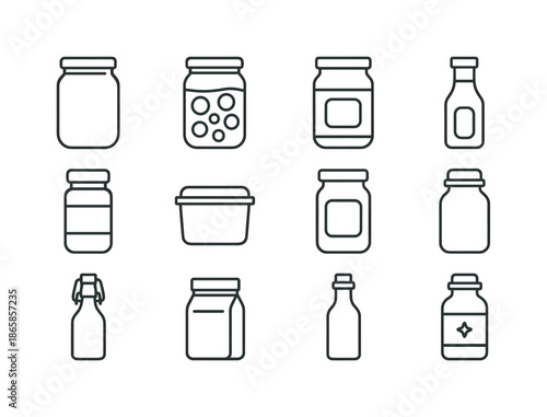 Glass Packaging Icons. Glass food packaging. Line icon set of Glass food packaging: mason jar, twist-off lid, preserved food icon, sauce bottle, spice jar,