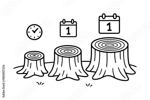 Tree Growth Coloring. Tree growth over time children?s coloring book illustration, outlined drawing, three simple tree stumps in a row, small, medium, and