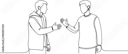 Two men extending hands for a handshake in a simple line drawing, symbolizing greeting or agreement