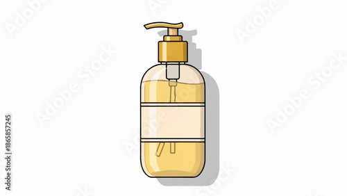 A yellow liquid fills a clear bottle with a pump dispenser and a blank label