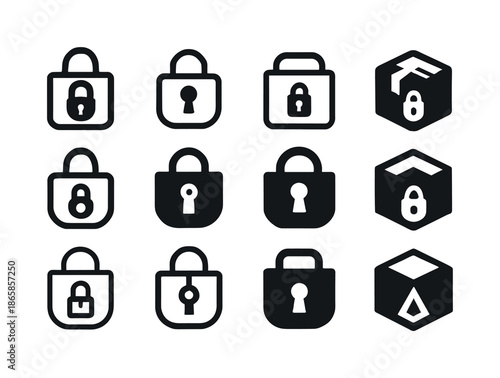 Sealed Parcel Icons. Sealed parcel. Icon set. Set Logo of sealed parcel: locked parcel icon. harmonious logo variations of the same emblematic concept, each