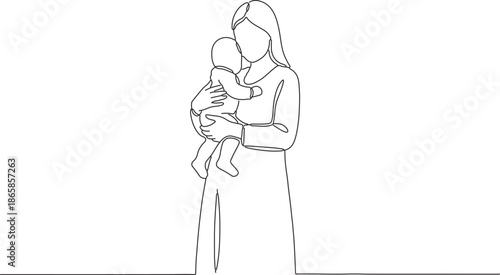 Elegant minimalist continuous line art of a mother holding her baby, symbolizing nurturing love and family bond. Simple vector illustration