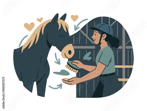 Horse Bonding Ritual. Horse care. A rider brushes and feeds their horse in a barn, gentle motion and heart icons highlighting the bond. Peaceful and personal.