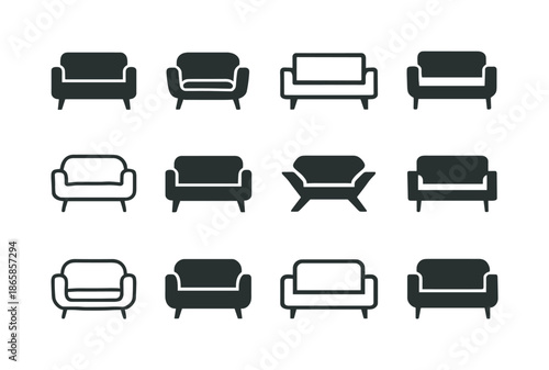 Minimalist Room Design Icons. Designing a minimalist room. Icon set. Set Logo of designing a minimalist room: simple sofa silhouette. harmonious logo