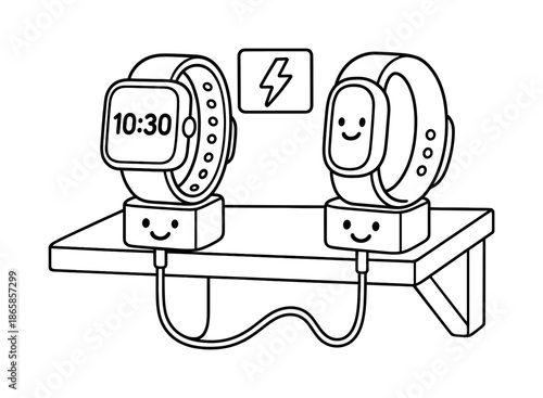 Wearable Tech Coloring. Wearable tech charging station children?s coloring book illustration, outlined drawing, small shelf with smartwatch and fitness band