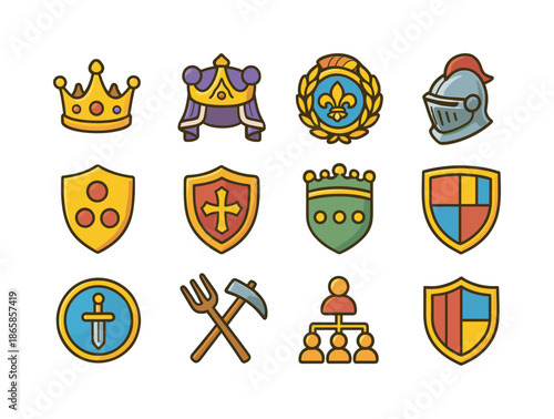 Medieval Hierarchy Icons. Medieval hierarchy. Colorful isometric vector icons set of medieval hierarchy: king crown, queen regalia, prince emblem, duke crest,