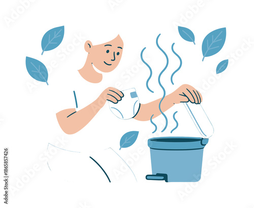 Eco-Friendly Diaper Disposal. Safe disposal. Parent sealing a diaper in a tiny bin; swirl lines symbolizing odor control. Floating icons of leaves