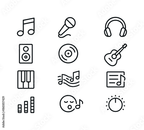 Music Icons Set. Song. Line icon set of Song: music note, microphone, headphones, speaker, vinyl record, guitar, piano keys, melody line, playlist icon,