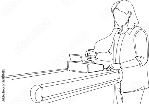 Continuous line drawing of a cashier working at a checkout counter, processing a transaction in a retail store. Professional female employee serving customers