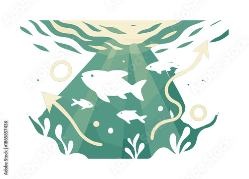 Stylized Underwater Scene. Underwater view. Looking up from below the surface, waves ripple overhead with sunlight breaking through in soft shafts. Fish