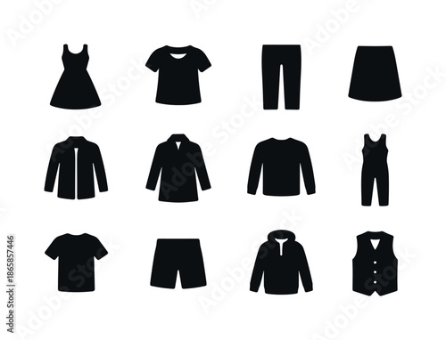 Clothing Silhouettes Grid. Clothing silhouettes. Solid icon set of clothing silhouettes: dress, blouse, pants, skirt, jacket, coat, sweater, jumpsuit, t-shirt,