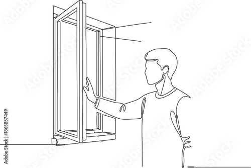 Continuous one line drawing of a person gently opening a window, inviting fresh air and natural light into a modern living space, promoting well-being