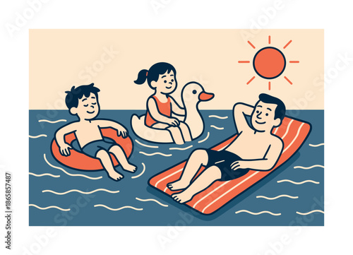 Family Pool Fun. Sunny swim time. A family floats on colorful pool toys; gentle waves sway beneath them. Soft highlights show warmth and fun. Modern flat-line