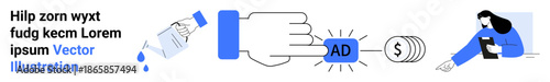 Digital marketing, finance, spending, online transactions, consumer behavior, and business strategy. A hand presses an ad button, a dollar sign and a person viewing on a screen. Digital marketing