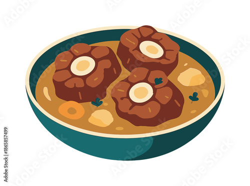 Braised Oxtail Delight. Braised oxtail. Thick oxtail pieces rest in a deep broth, subtle shine highlighting their hearty texture. Floating veggie shapes imply