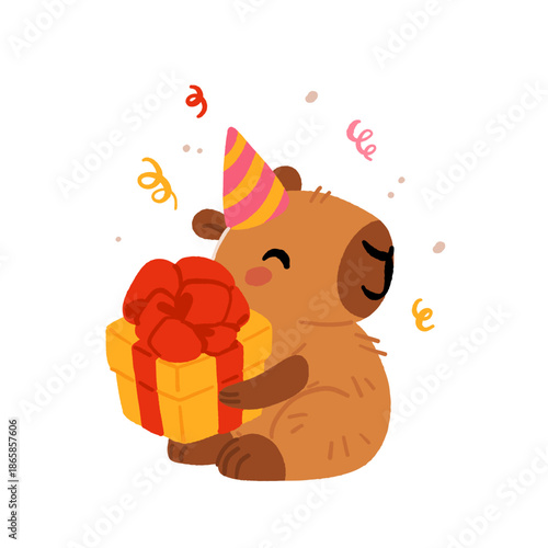 Happy birthday party with cute capybara. Vector collection of Funny amusing capybara characters celebrating birthday. Childish baby adorable nice animals cliparts.
