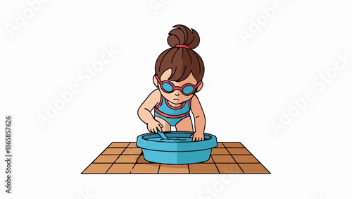 A young girl in a swimsuit and goggles plays with a blue bowl of water