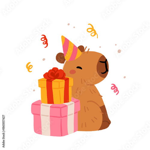 Happy birthday party with cute capybara. Vector collection of Funny amusing capybara characters celebrating birthday. Childish baby adorable nice animals cliparts.