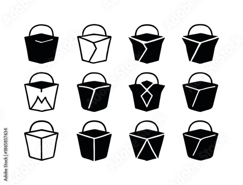 Takeaway Box Logos. Food packaging. Icon set. Set Logo of food packaging: takeaway box. harmonious logo variations of the same emblematic concept, each with