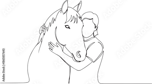 Continuous one line drawing of a person affectionately embracing a horse, symbolizing a strong bond and deep friendship between human and animal, in a minimalist style