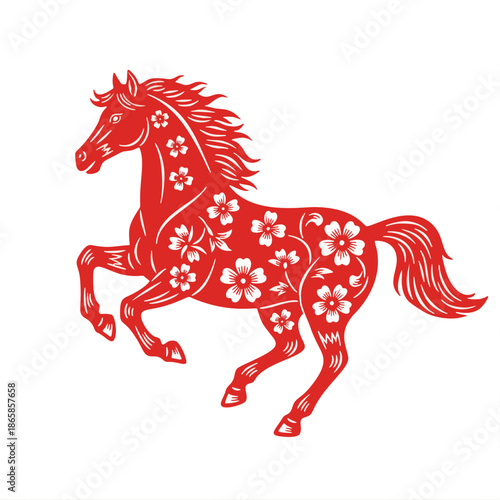 Decorative Horse Artwork with Red and White Floral Motifs