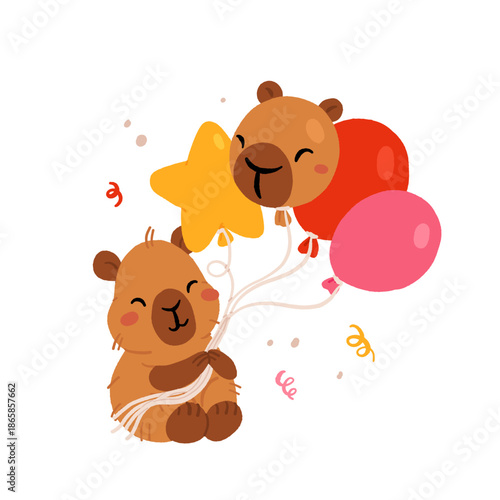 Happy birthday party with cute capybara. Vector collection of Funny amusing capybara characters celebrating birthday. Childish baby adorable nice animals cliparts.